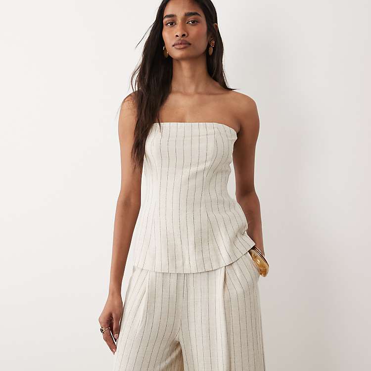 Miss Selfridge tailored linen mix bandeau top in neutral stripe