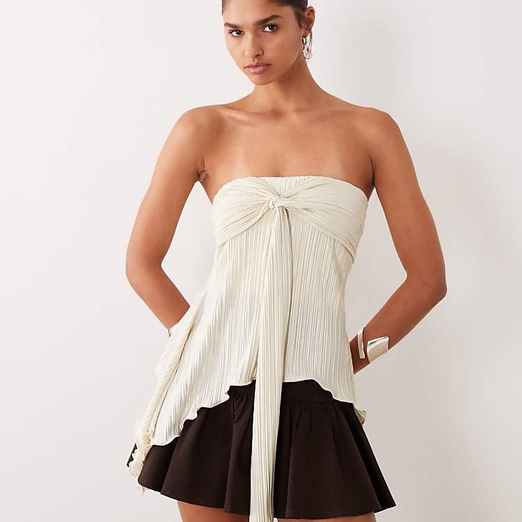 ASOS DESIGN plisse twist bust bandeau top in cream