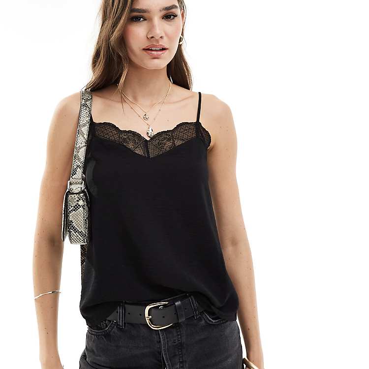 Pieces cami top with lace trim detail in black