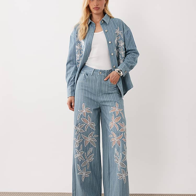Ghospell Rox Cotton Floral Broderie Wide Leg Jeans — Denim
