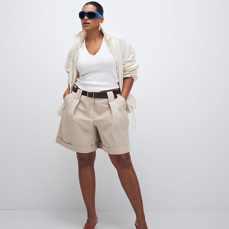 ASOS DESIGN Curve Tailored Belted Turn Up Shorts in Stone