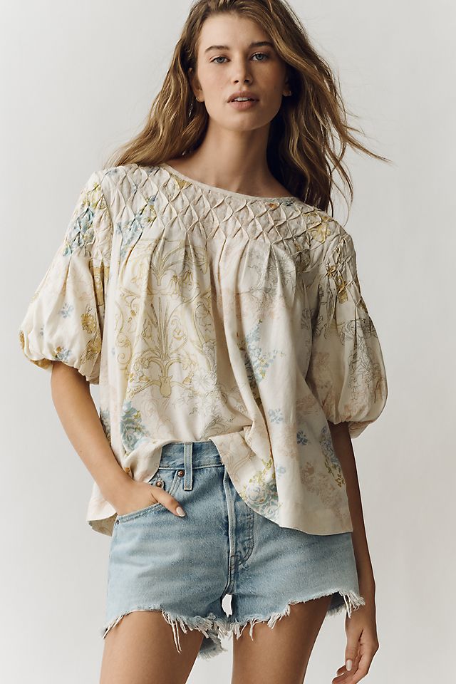 Liza Puff-Sleeve Smocked Linen Top