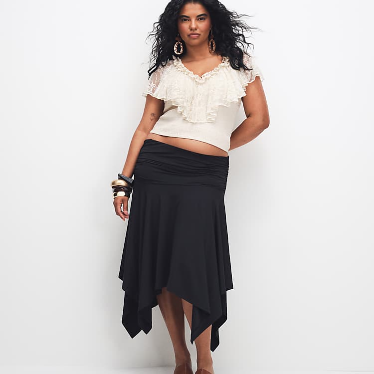 ASOS DESIGN Curve Slinky Hanky Hem Skirt in Black