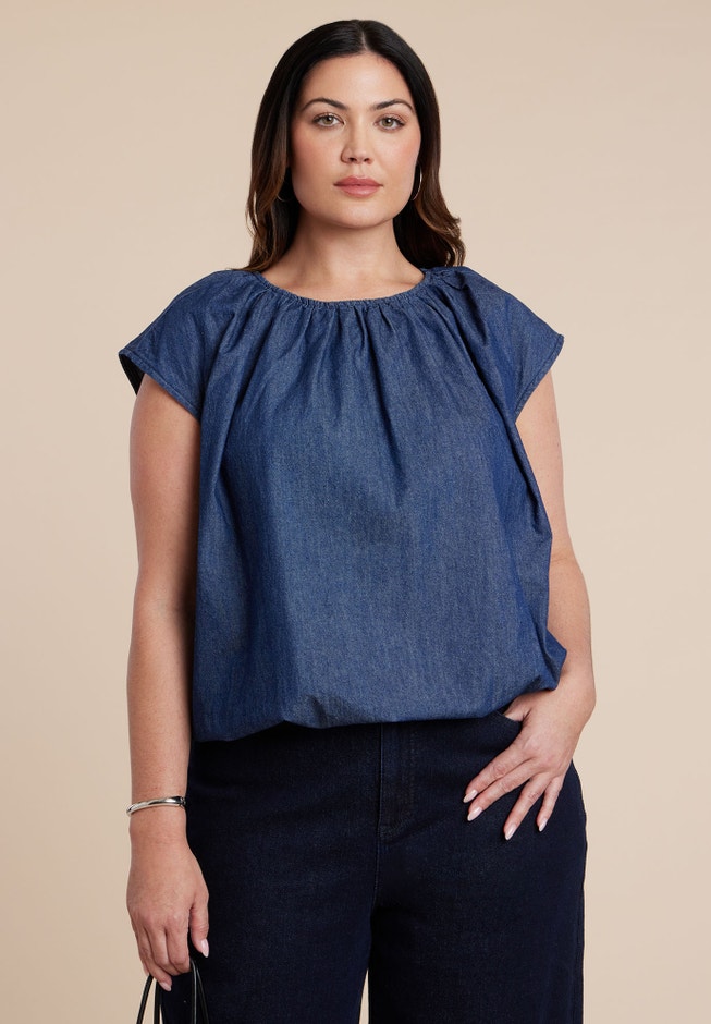 ELOQUII Bubble Chambray Top