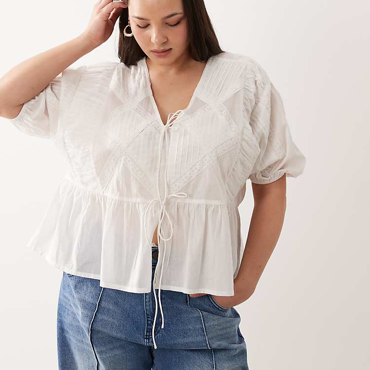ASOS DESIGN Curve Tie Front Pleat and Lace Insert Top in White