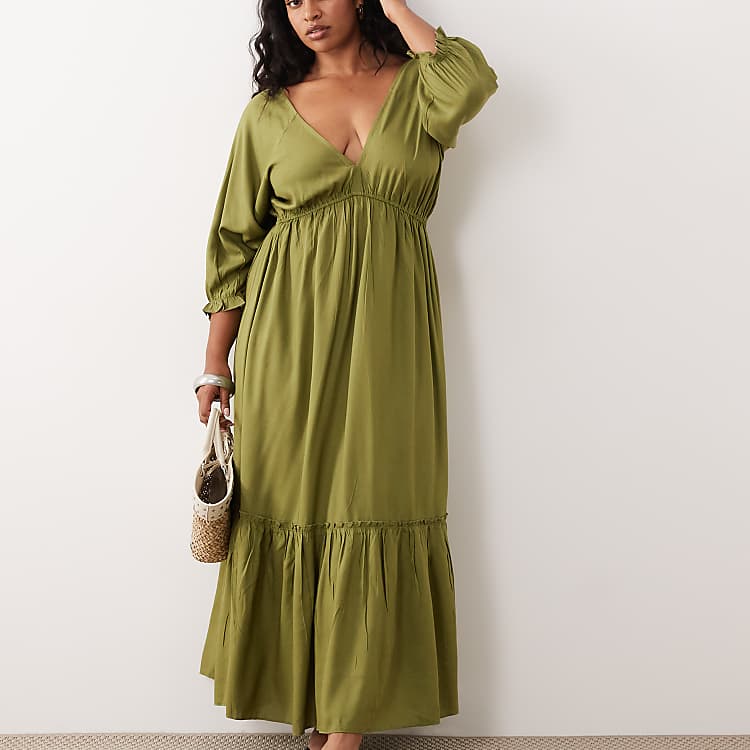 ESMÉE Curve Long Sleeve Maxi Beach Dress in Olive