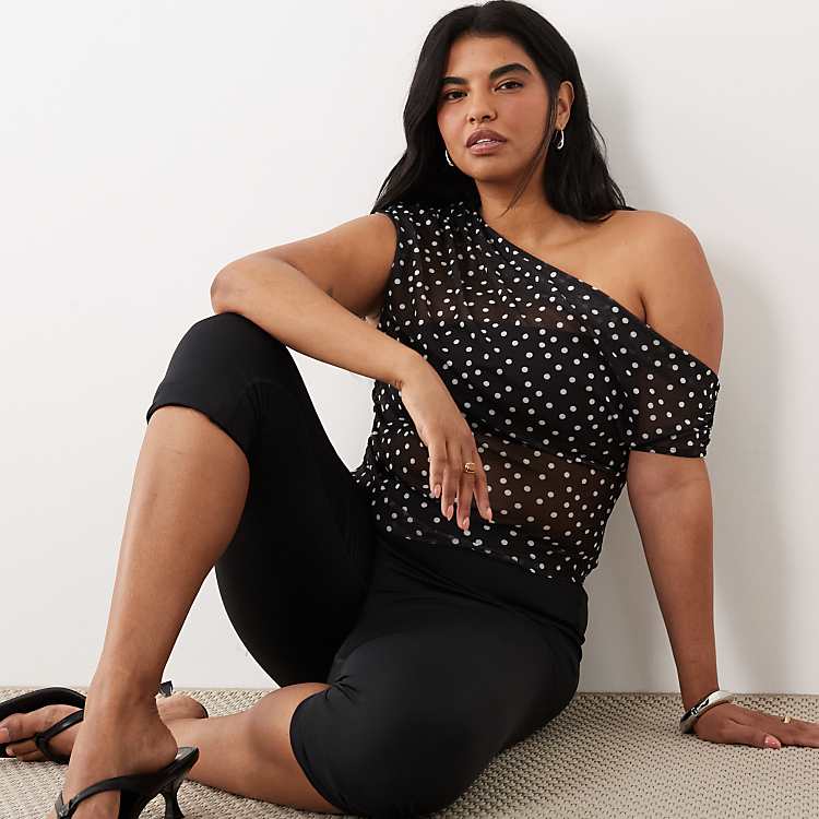 ASOS DESIGN Curve Sheer Mesh Ruched Off Shoulder Asymmetric Top in Black Polka Dot
