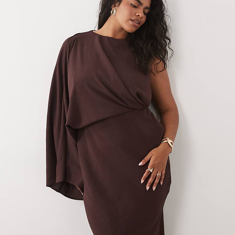 ASOS DESIGN Curve One-Shoulder Drape Back Column Maxi Dress in Fudge