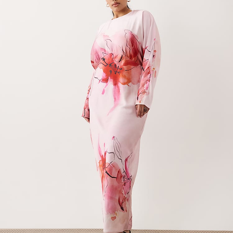ASOS DESIGN Curve Satin Batwing Maxi Dress in Pink Floral Print