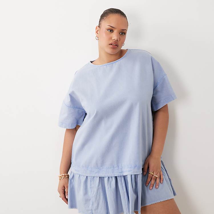 ASOS Design Curve Hybrid T-Shirt Mini Dress in Washed Denim