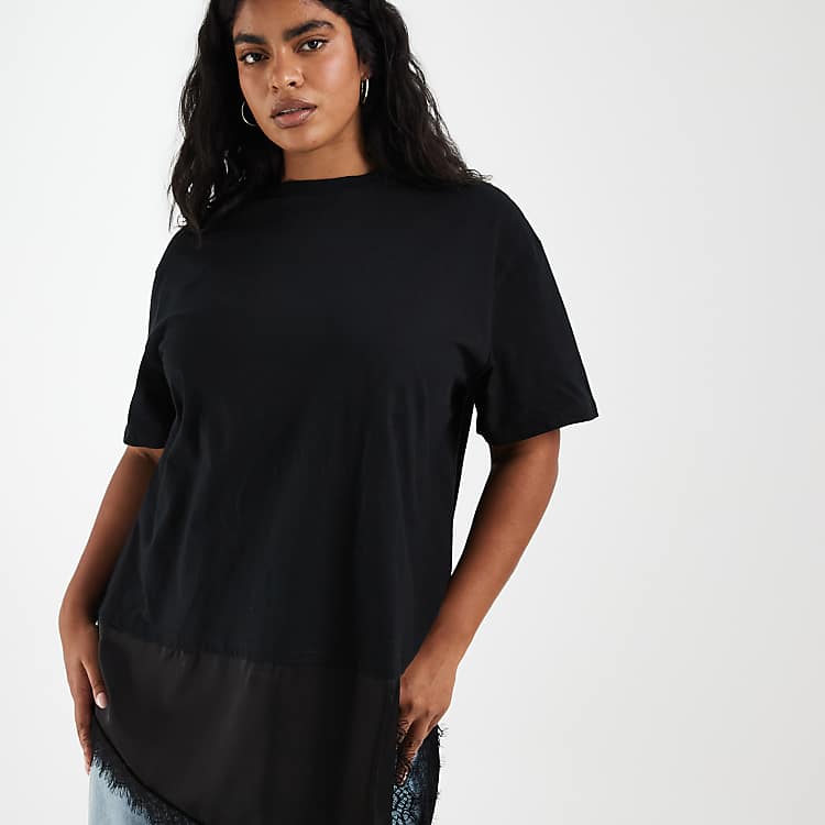 Noisy May Curve Oversized Satin T-Shirt with Asymmetric Lace Hem in Black