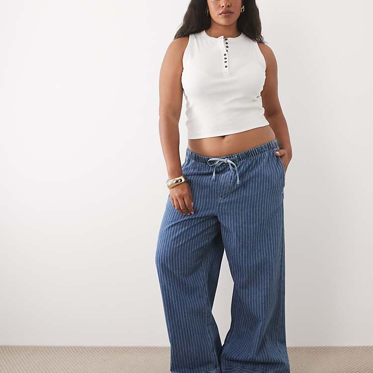 ASOS DESIGN Curve Pull On Wide Leg Stripe Jean in Blue