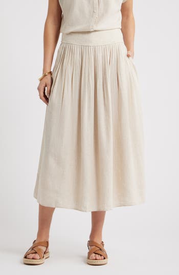 Pleated Linen Blend Midi Skirt Plus