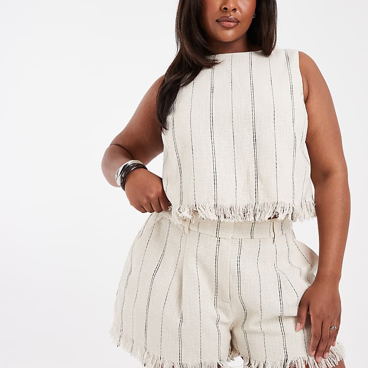 ASOS DESIGN Curve Tailored Fringe Hem Shorts in Natural Striped Print