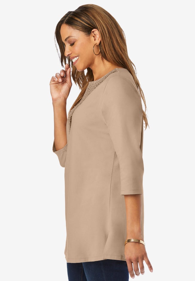 Jessica London Stretch Cotton Crochet Notch Neck Tunic
