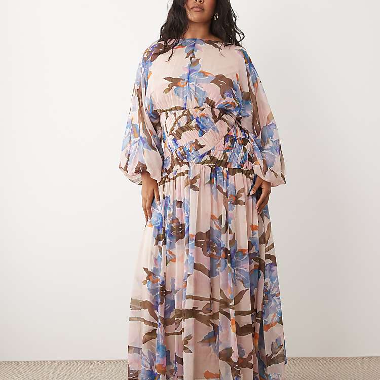 ASOS DESIGN Curve Long Sleeve Blouson Maxi Dress in Romantic Floral