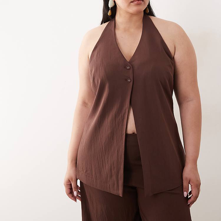 ASOS DESIGN Curve Tailored Halter Neck Button Detail Top in Brown