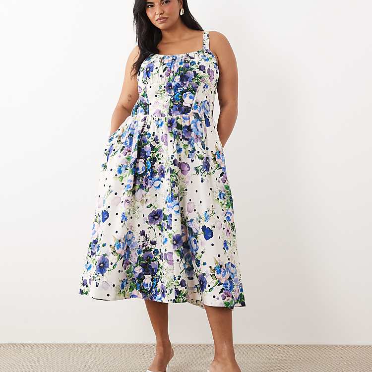 Hope & Ivy Plus A-Line Strappy Corset Midi Dress in White and Blue Spot Floral