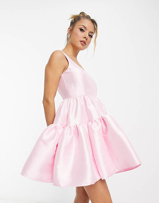 asos pink tiered dress ASOS DESIGN tiered flutter sleeve maxi dress with bow details in pink