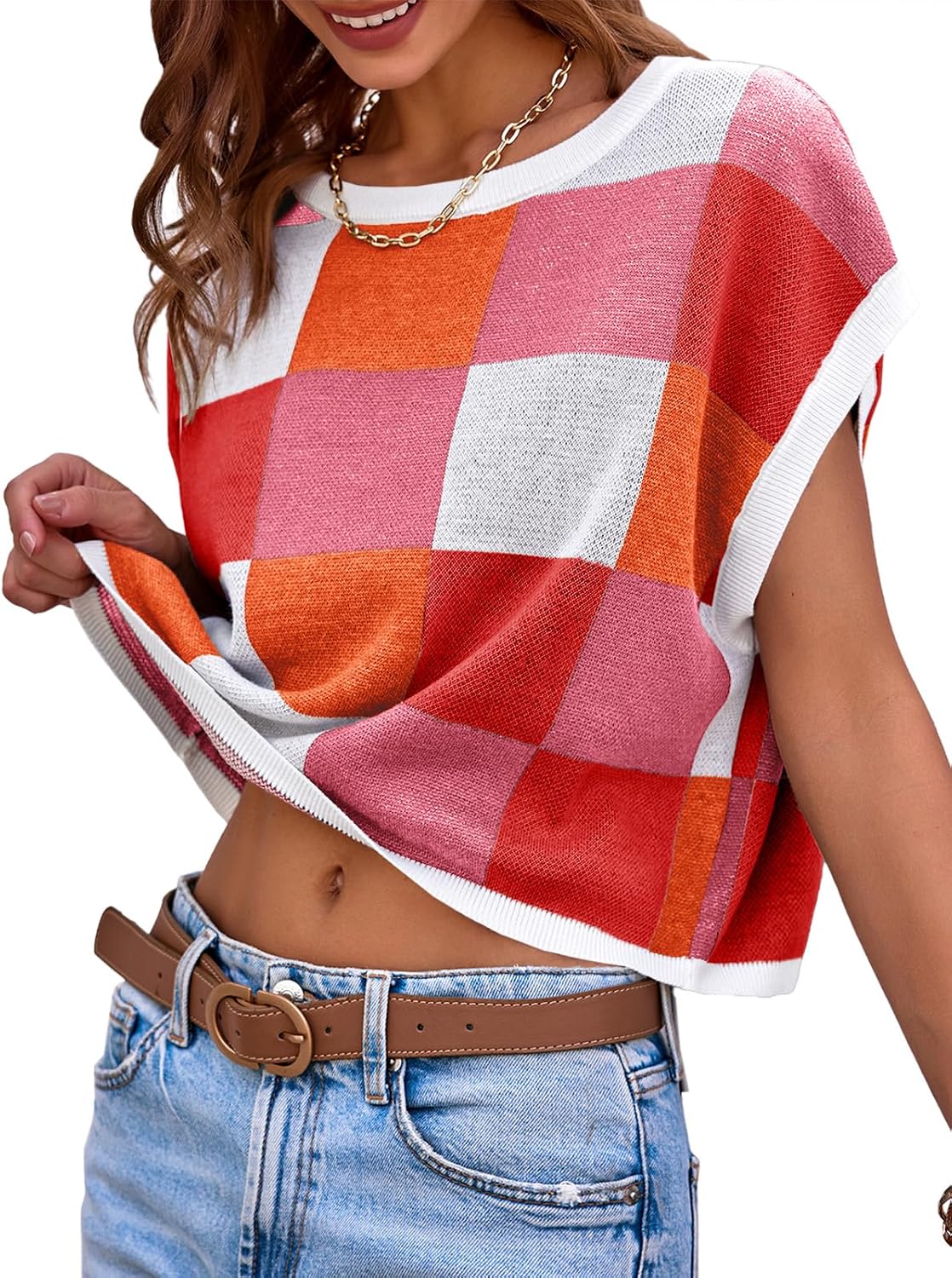 Color Block Cap Sleeve Crop Sweaters That Are Fun and Flattering cover photo collage