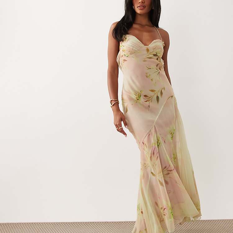 ASOS DESIGN floral print leaf cami strap maxi dress in pastel pink and green