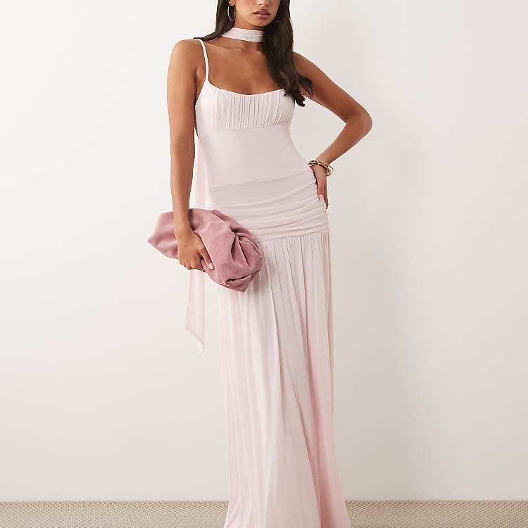 ASOS DESIGN mesh ruched bust maxi dress with scarf detail in pink