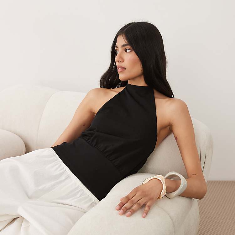 ASOS DESIGN cinch waist halter top in black