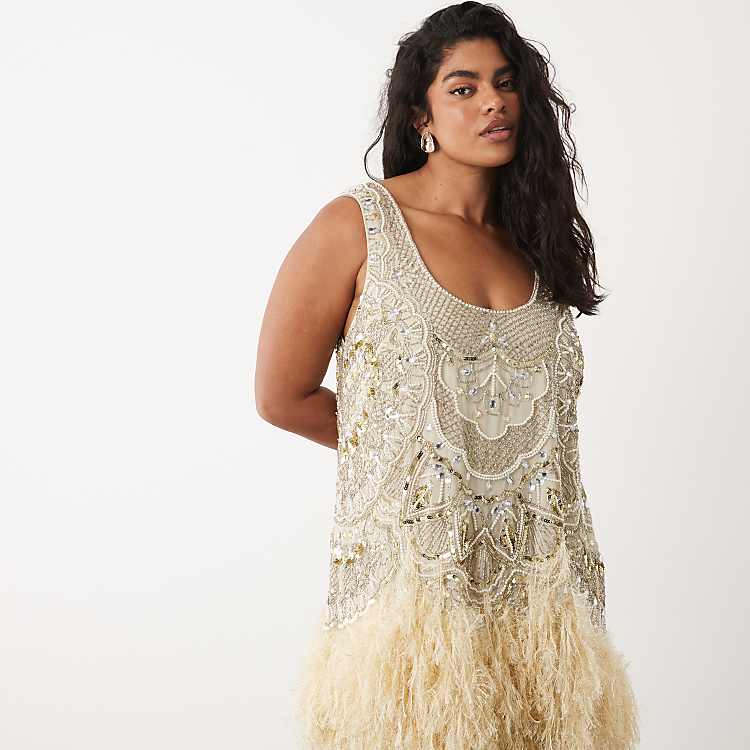 ASOS LUXE Curve Embellished Scoop Neck Mini Dress with Faux Feather Hem in Pale Yellow