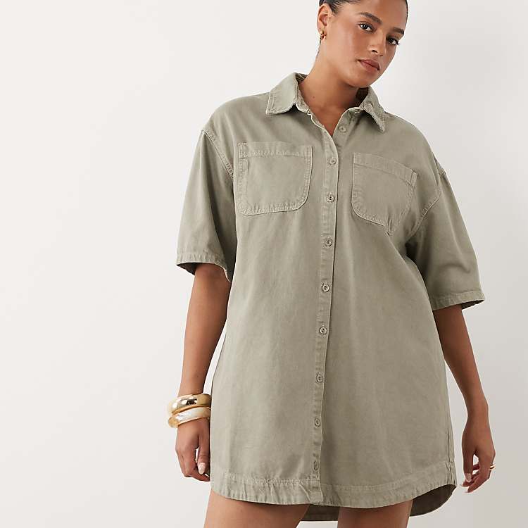 ASOS DESIGN Curve Denim Boxy Shirt Dress with Pocket Detail in Khaki
