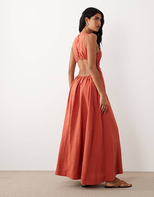 ASOS DESIGN Curve Premium 100% Linen Waisted Maxi Dress with Open Back in Terracotta