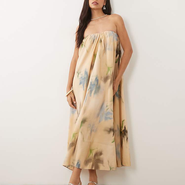 ASOS DESIGN Strapless Ruched Maxi Dress in Cream Floral