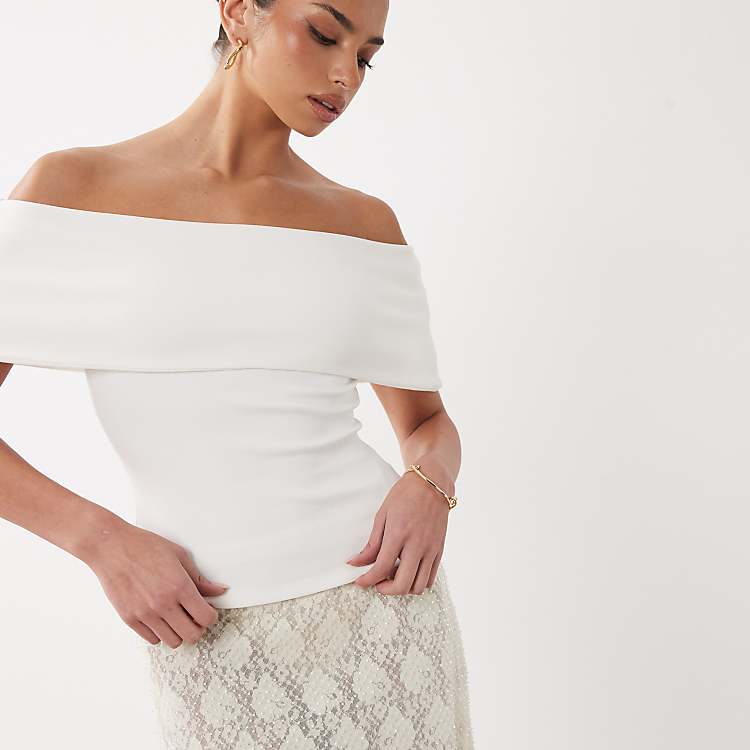 ASOS DESIGN Compact Cotton Bardot Top in Cream