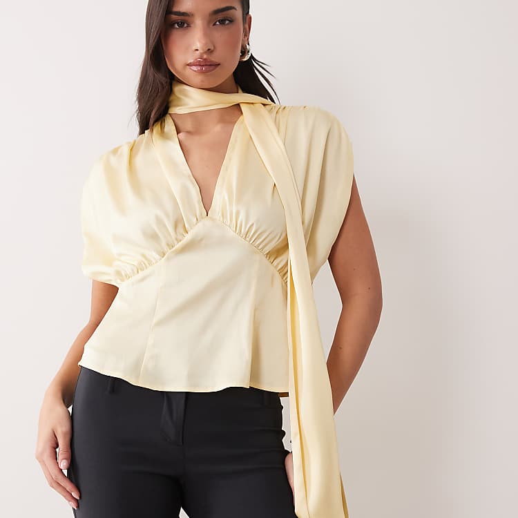 ASOS DESIGN Satin Scarf and Volume Detail Blouse in Buttermilk