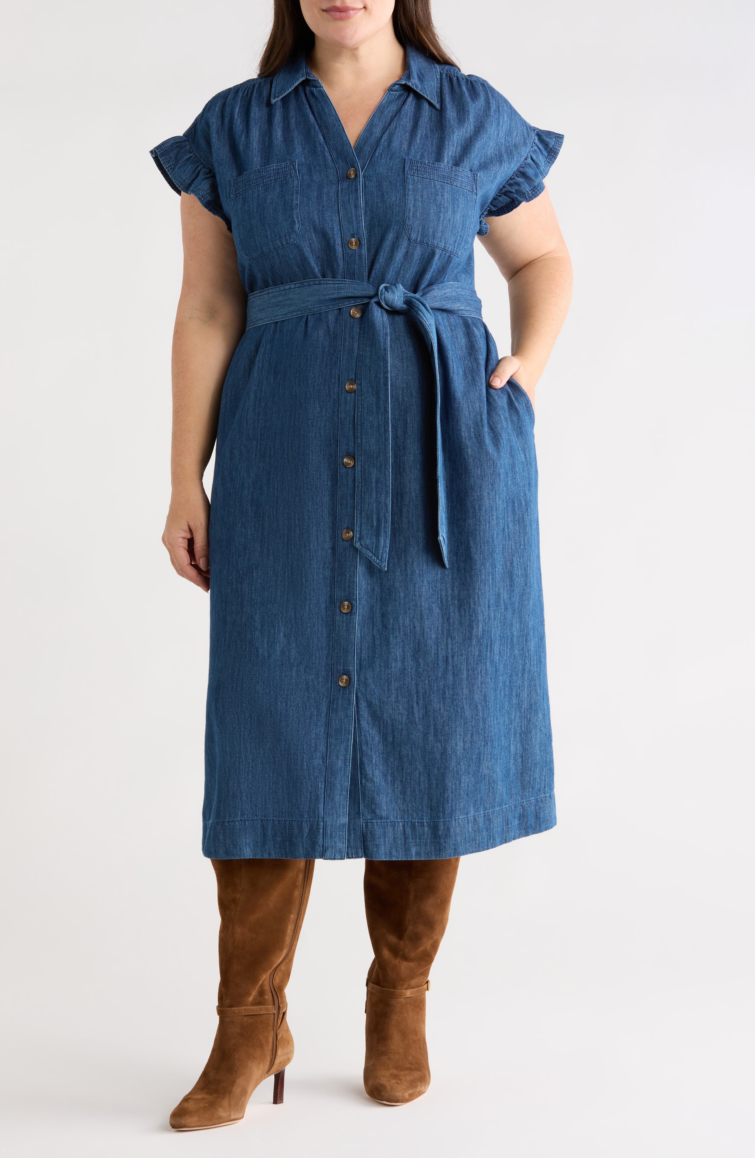 Caslon® Flutter Sleeve Tie Waist Denim Midi Dress