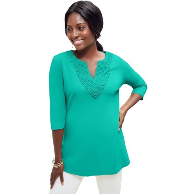 Jessica London Stretch Cotton Crochet Notch Neck Tunic
