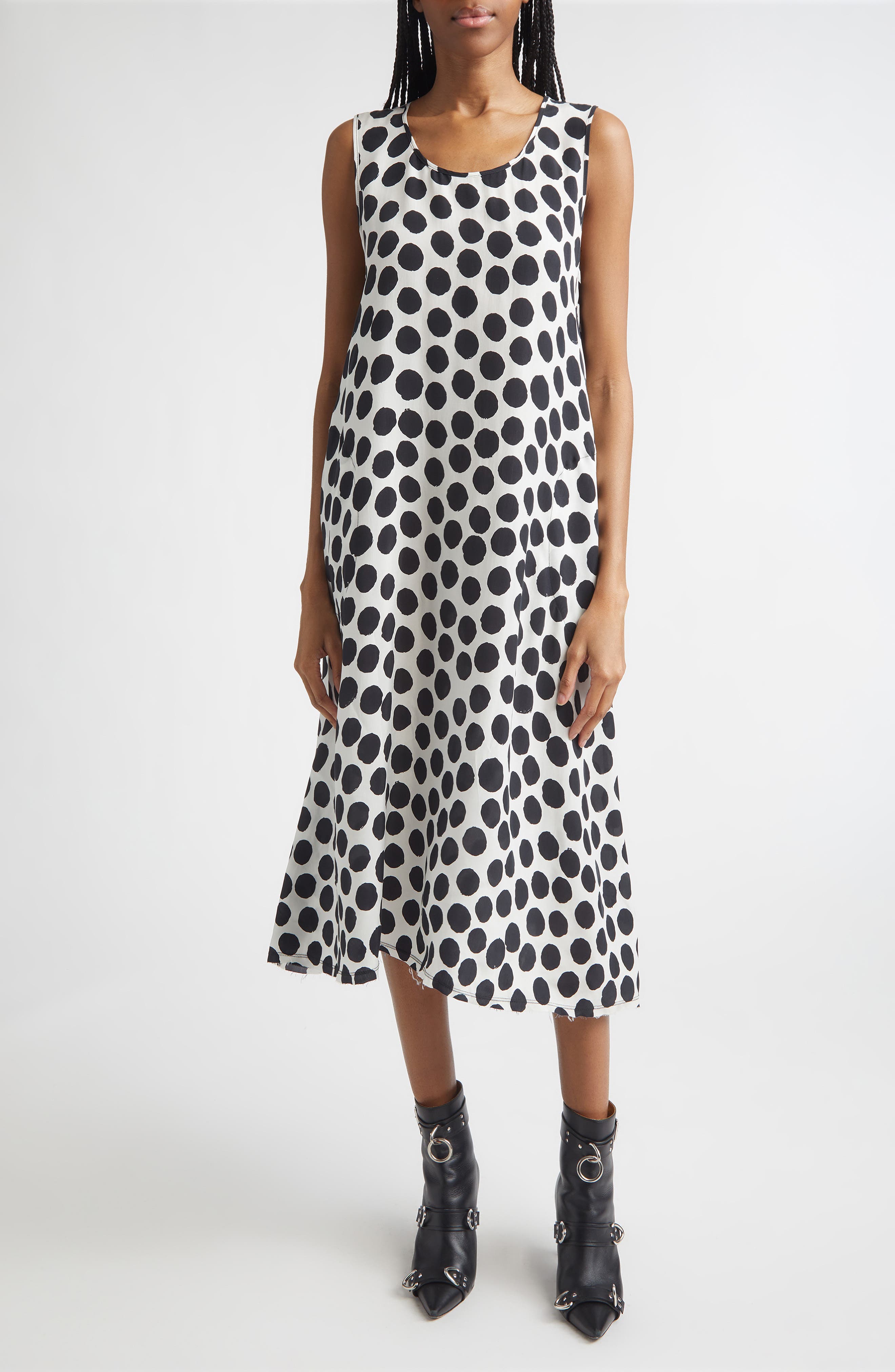 R13 Sleeveless Polka Dot Cupro Midi Dress