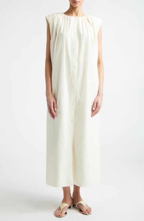 LOULOU DE SAISON Cara Gathered Sleeveless Cotton Silk Voile Shirtdress