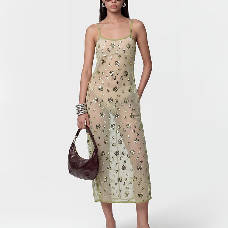 Noisy May Sheer Sequin Maxi Dress in Lime