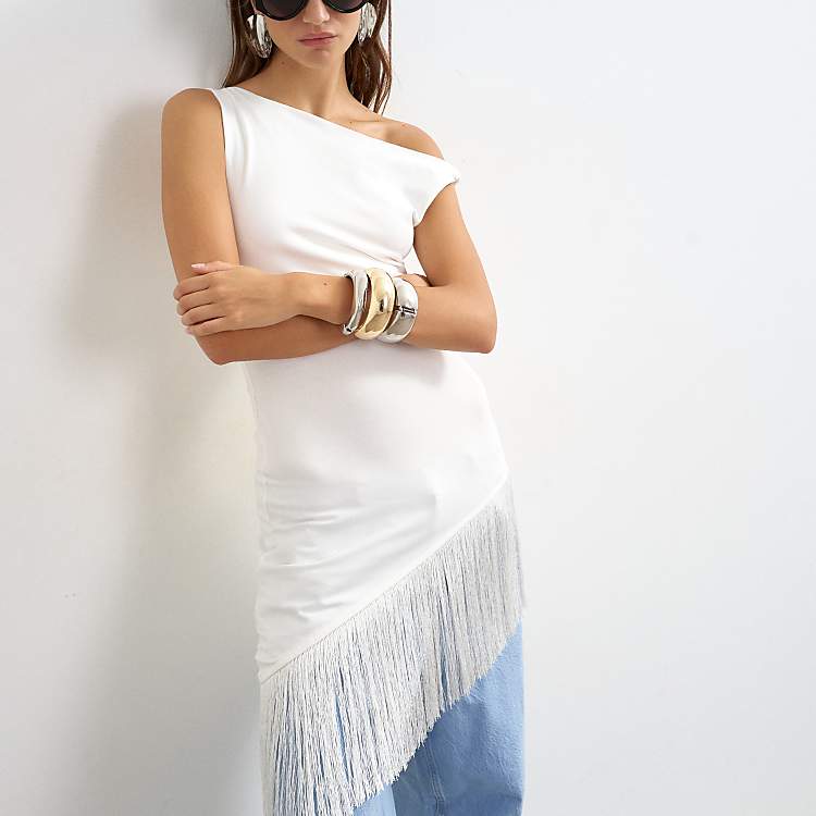 Topshop Tassel Hem Asymmetric Top in Ecru