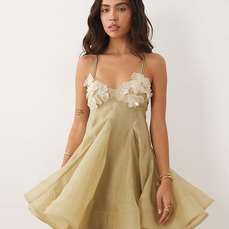ASOS DESIGN organza mini dress with floral bust detail in beige