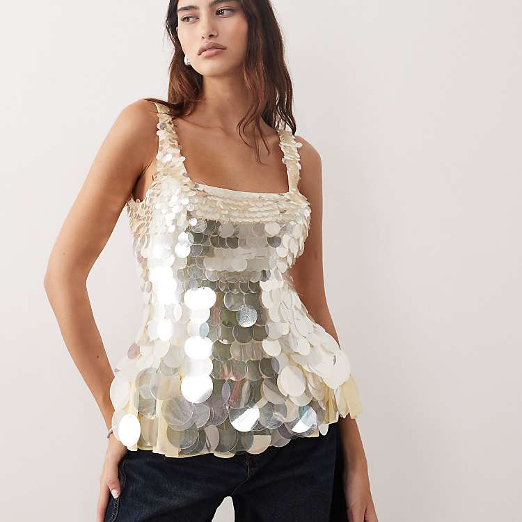 ARRANGE Embellished Disc Sequin Square Neck Top in Buttermilk