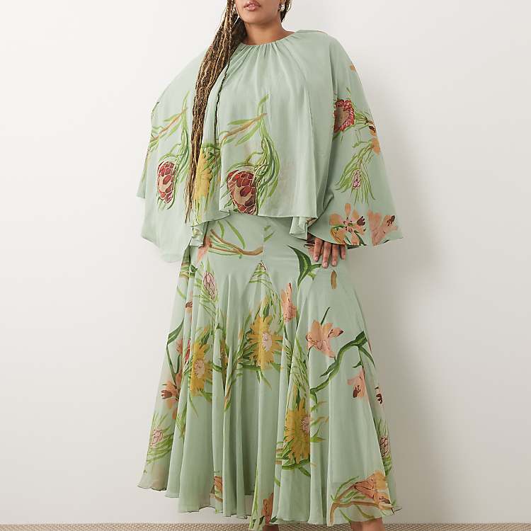 ASOS DESIGN Curve Full Volume Cape Maxi Dress with Godets in Multi