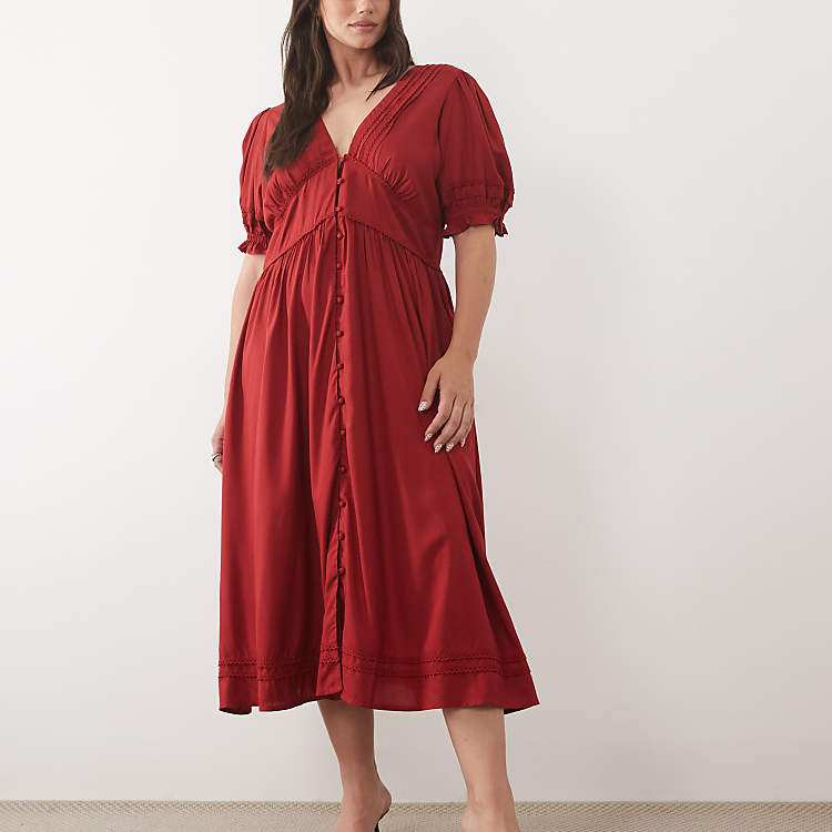 Nobody's Child Plus Puff Sleeve Button-Front Midi Dress in Red