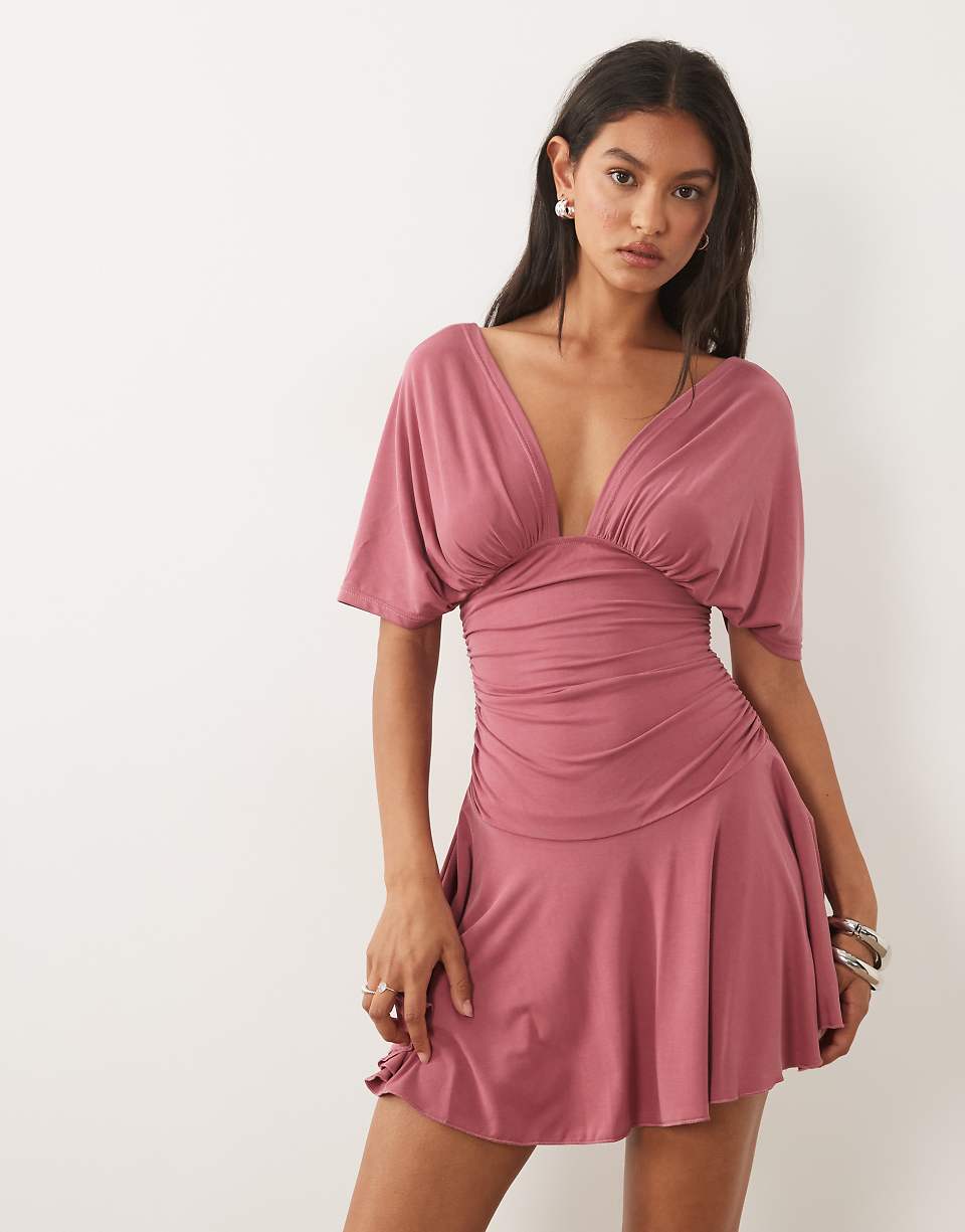 Motel Sunmi Gathered V-Neck Mini Dress