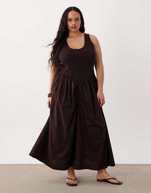 ASOS DESIGN Curve Basque Waist Midi Dress with Woven Skirt