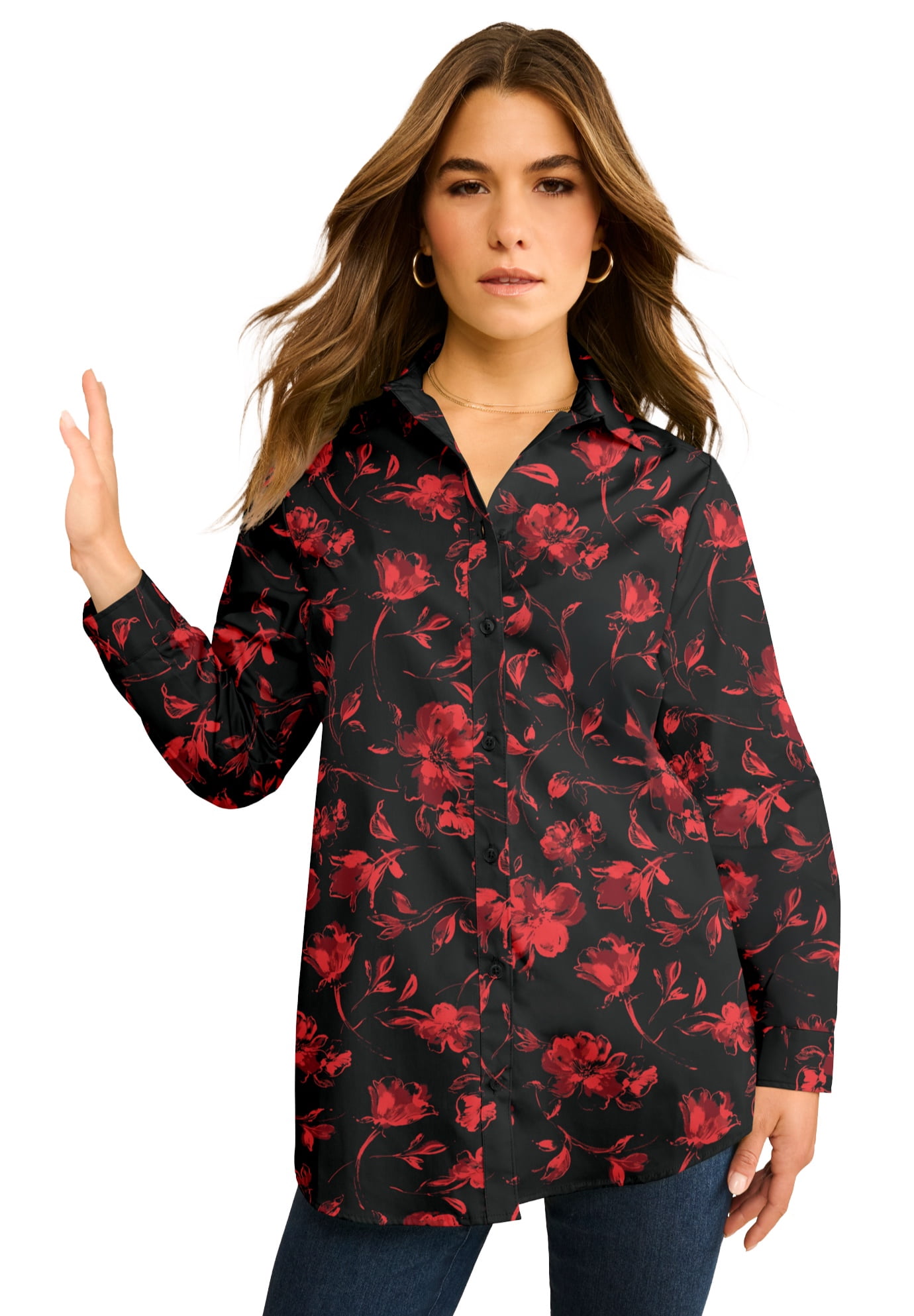 Roaman's Plus Size Kate Cotton-Blend Button-Front Shirt