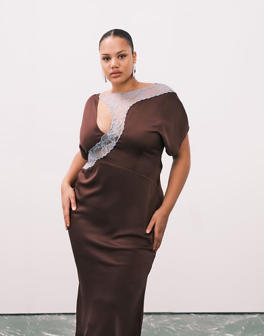ASOS DESIGN Curve Lace Appliqué Satin Midi Dress in Plum
