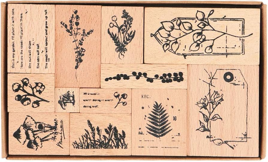 Save & Read - Hacaroa 32 Pieces Wooden Rubber Stamp Set, Moon Star Botanical Decorative Wood Stamps for Journal, Diary, Scrapbook, Planner, Letter, DIY Craft, Card Making creative stamp picks cover photo collage