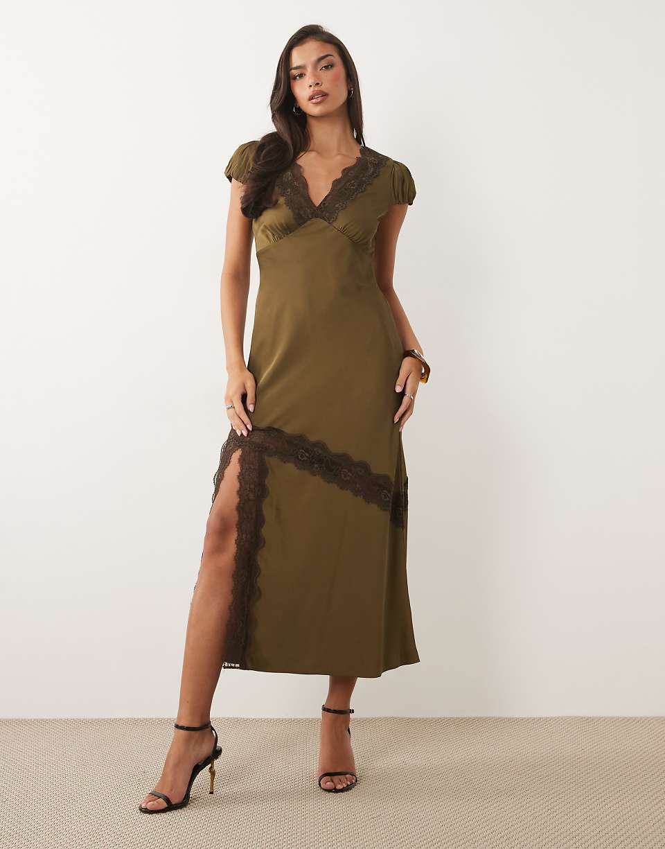 Nobody's Child Gloria Satin and Lace Mix V-Neck Maxi Dress in olive