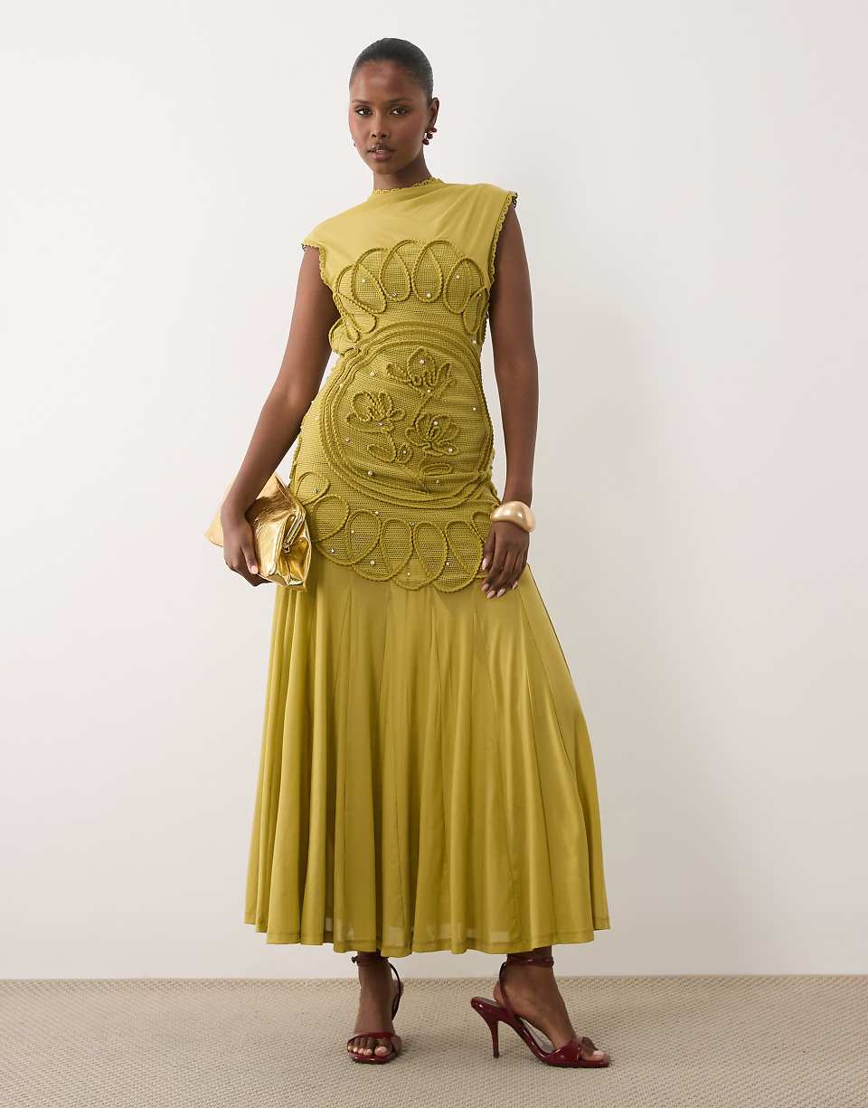 ASOS DESIGN High Neck Maxi Dress with Corded Embroidery and Pearls in tobacco